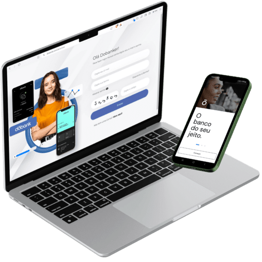Mockup do sistema BaaS Dobank exibido em notebook (MacBook) e smartphone